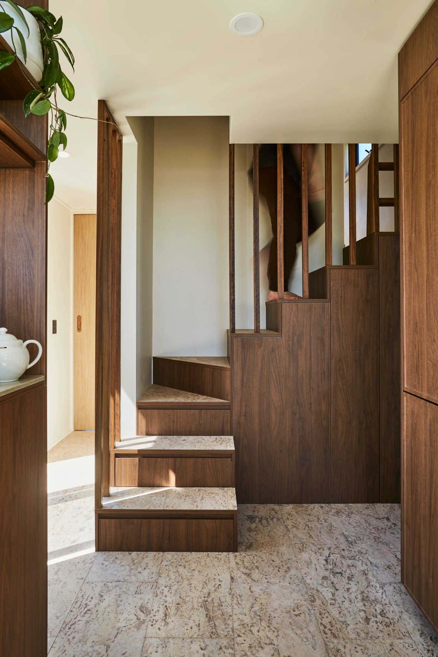 Modern timber staircase with glass balustrade